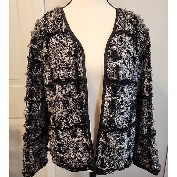 Chico's Jackets & Blazers - Chicos Black White Paisley Silk Blend Fringe Ruffle Open Front Jacket Womens 1
